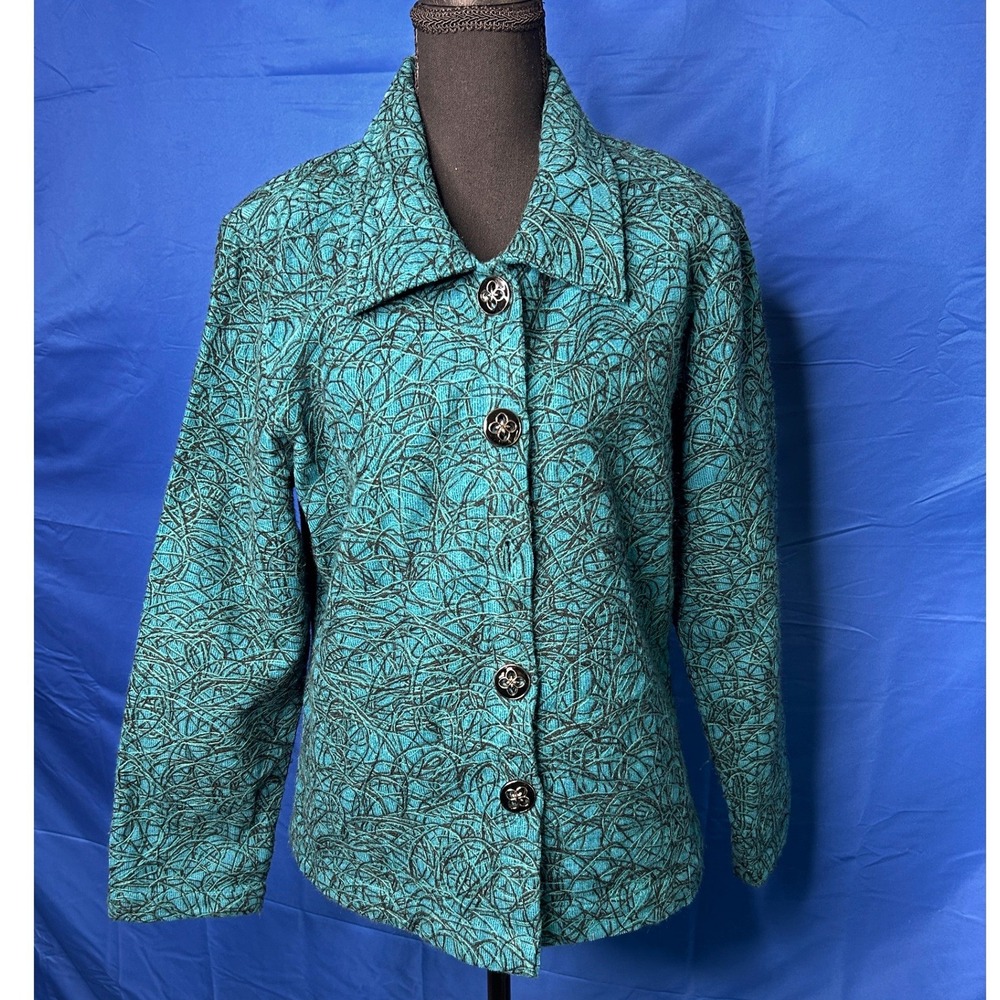 Vtg Womens Teal Art to Wear Jacket Sz M Abstract Teacher Swirl Cotton Careerwear